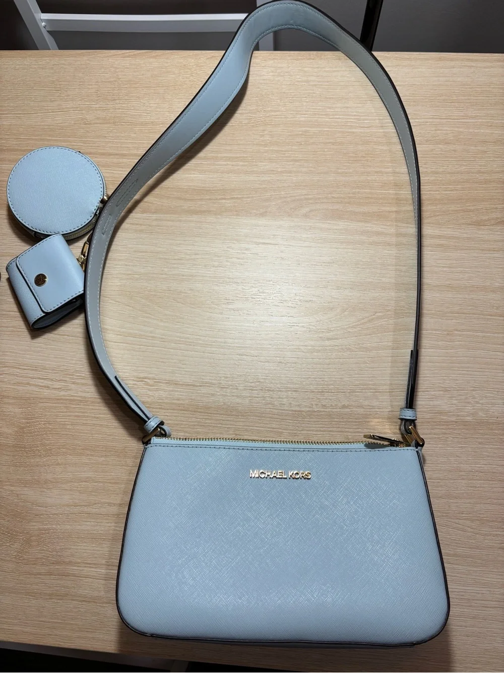 Michael Kors Pale Blue Saffiano Leather Shoulder Bag with Gold Hardware